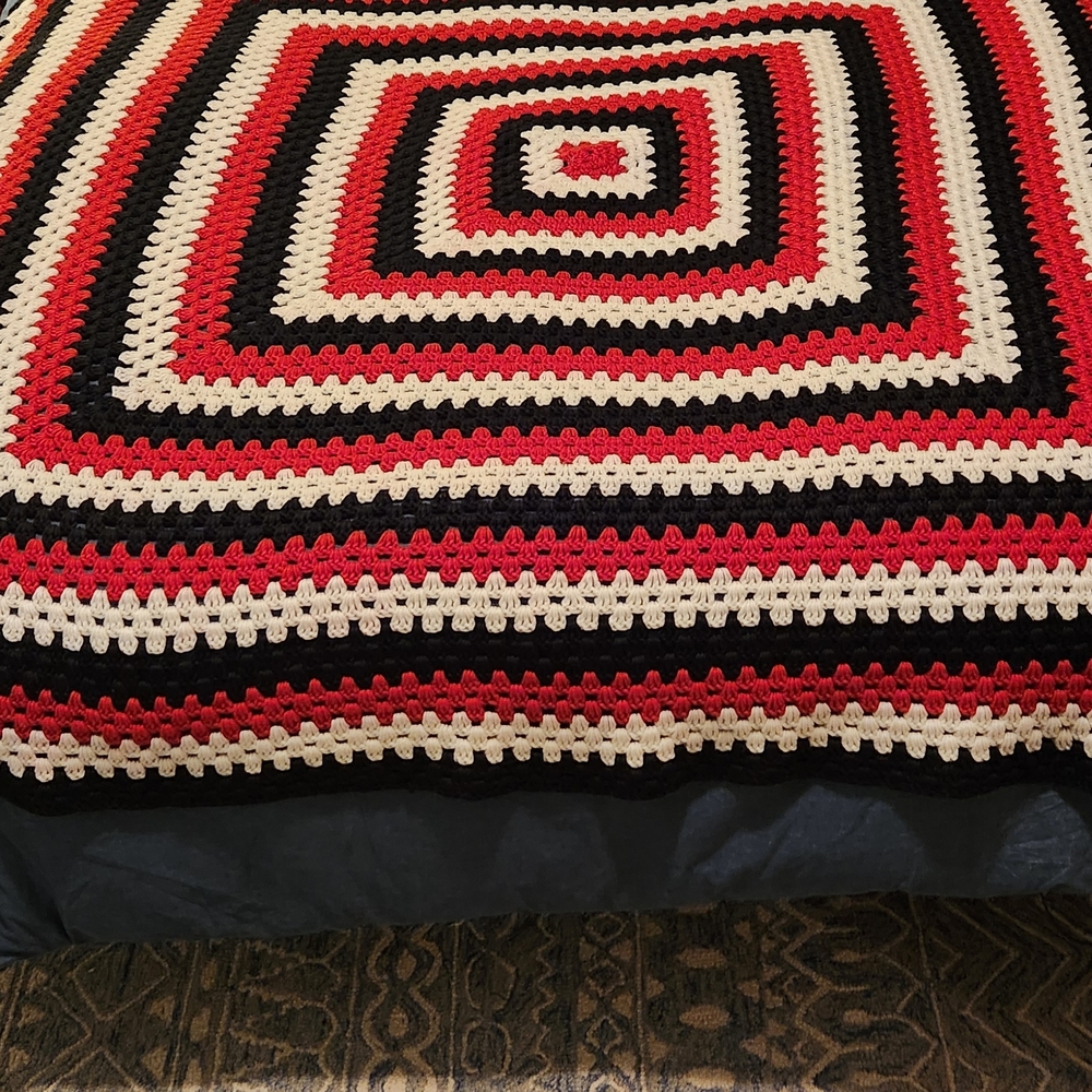 Handmade Crochet Blanket in Black, White & Red